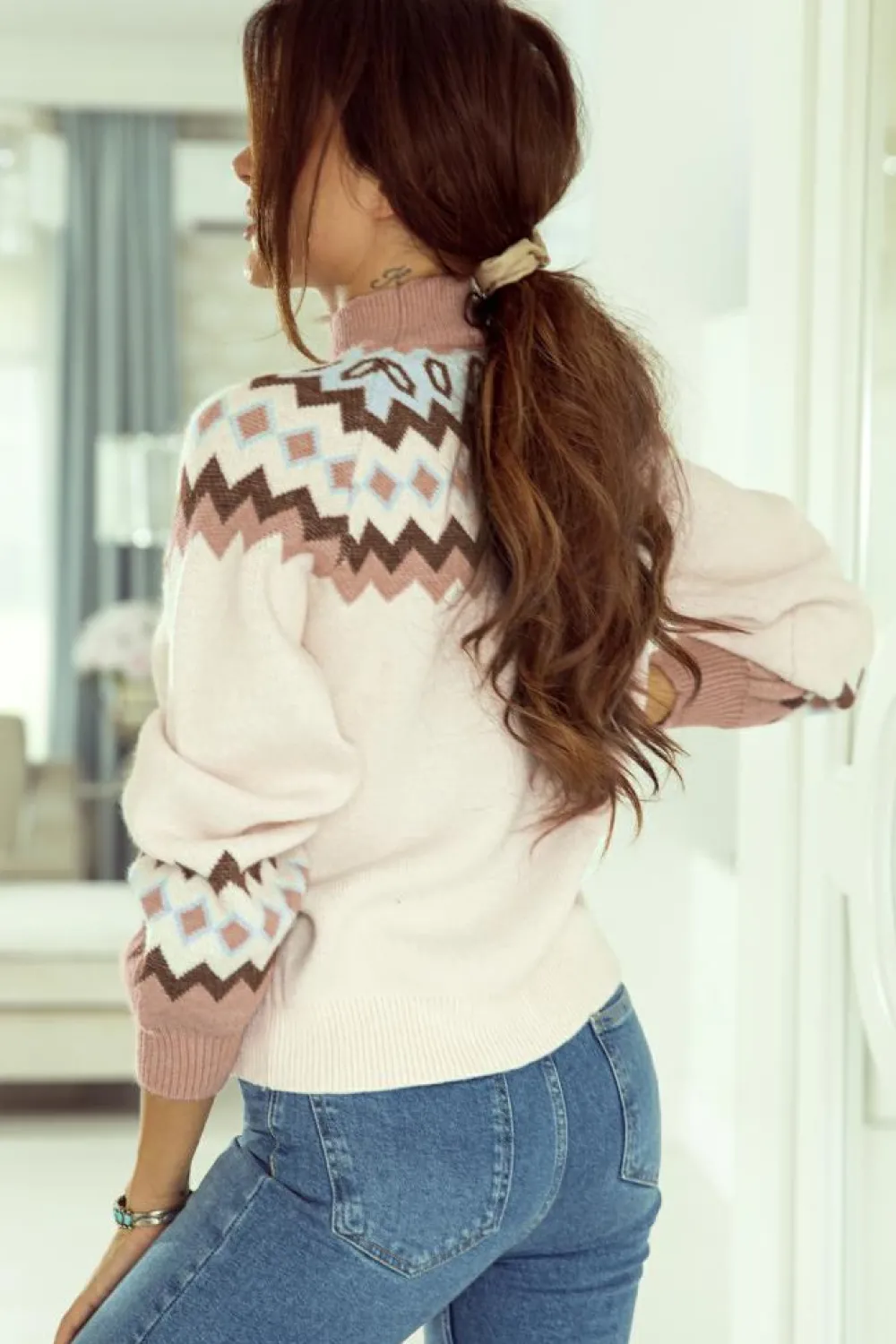 Fashion Dear-Lover Geometric Pattern Ribbed Trim High Neck Sweater Khaki