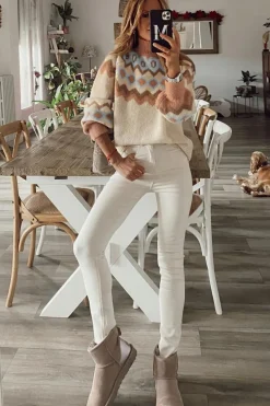 Fashion Dear-Lover Geometric Pattern Ribbed Trim High Neck Sweater Khaki