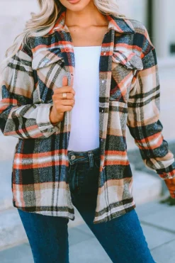 Online Dear-Lover Geometric Plaid Print Pocketed Shacket Khaki