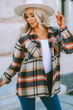 Online Dear-Lover Geometric Plaid Print Pocketed Shacket Khaki