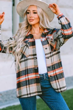 Online Dear-Lover Geometric Plaid Print Pocketed Shacket Khaki