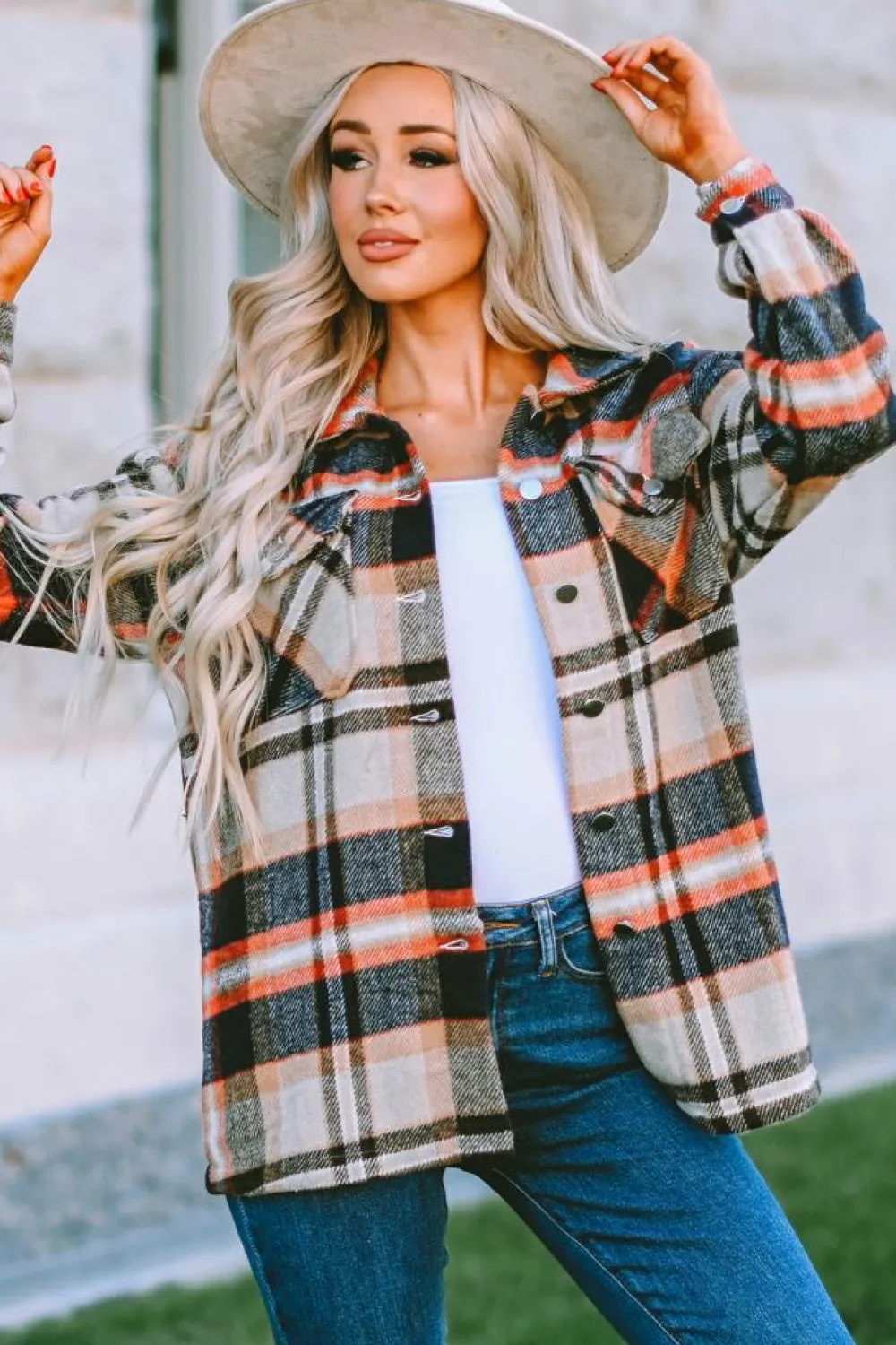 Online Dear-Lover Geometric Plaid Print Pocketed Shacket Khaki