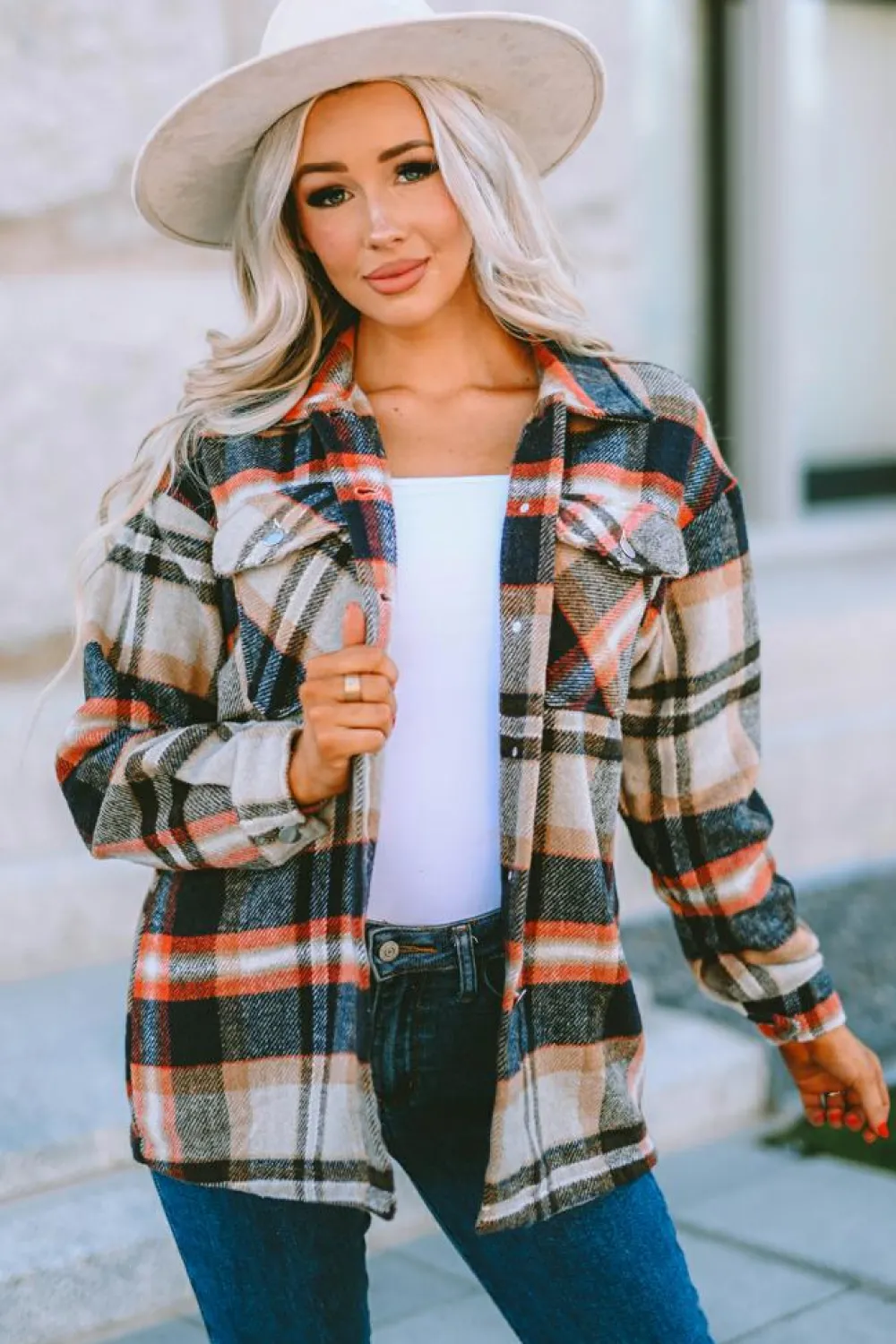 Online Dear-Lover Geometric Plaid Print Pocketed Shacket Khaki