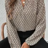 Online Dear-Lover Geometric Print Notched Neck Puff Sleeve Blouse Khaki