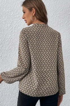 Online Dear-Lover Geometric Print Notched Neck Puff Sleeve Blouse Khaki