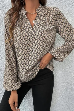 Online Dear-Lover Geometric Print Notched Neck Puff Sleeve Blouse Khaki