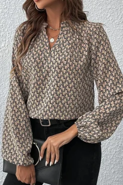 Online Dear-Lover Geometric Print Notched Neck Puff Sleeve Blouse Khaki