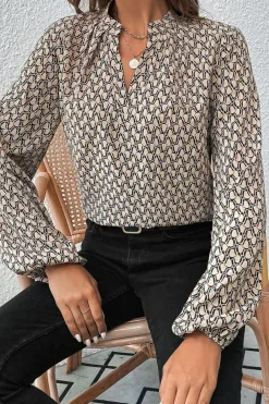 Online Dear-Lover Geometric Print Notched Neck Puff Sleeve Blouse Khaki