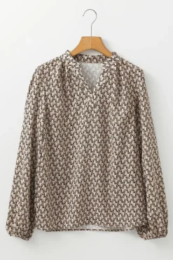 Online Dear-Lover Geometric Print Notched Neck Puff Sleeve Blouse Khaki