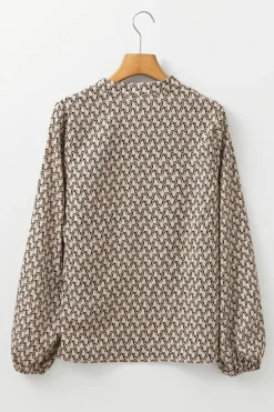 Online Dear-Lover Geometric Print Notched Neck Puff Sleeve Blouse Khaki