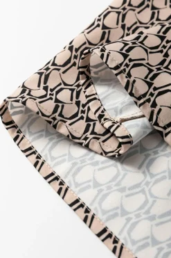 Online Dear-Lover Geometric Print Notched Neck Puff Sleeve Blouse Khaki
