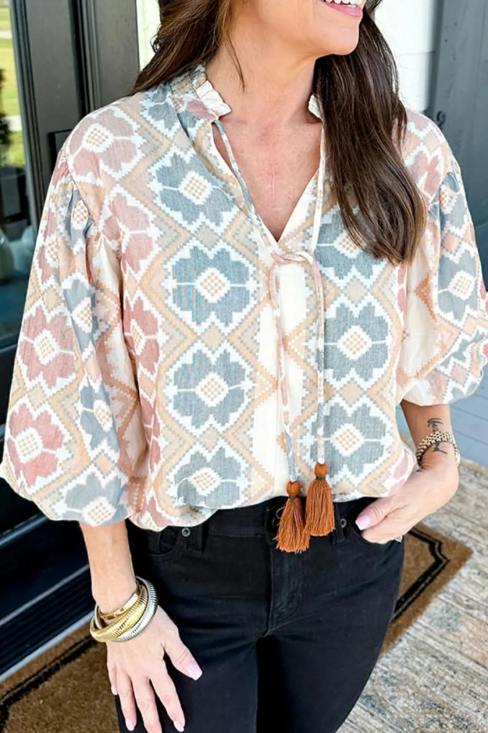 Sale Dear-Lover Geometric Print Tassel Tie Split Neck Balloon Sleeve Blouse Khaki