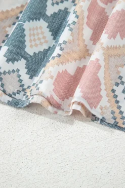 Sale Dear-Lover Geometric Print Tassel Tie Split Neck Balloon Sleeve Blouse Khaki