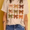 Outlet Dear-Lover Halloween Fall Bowknot Graphic Short Sleeve Top Khaki