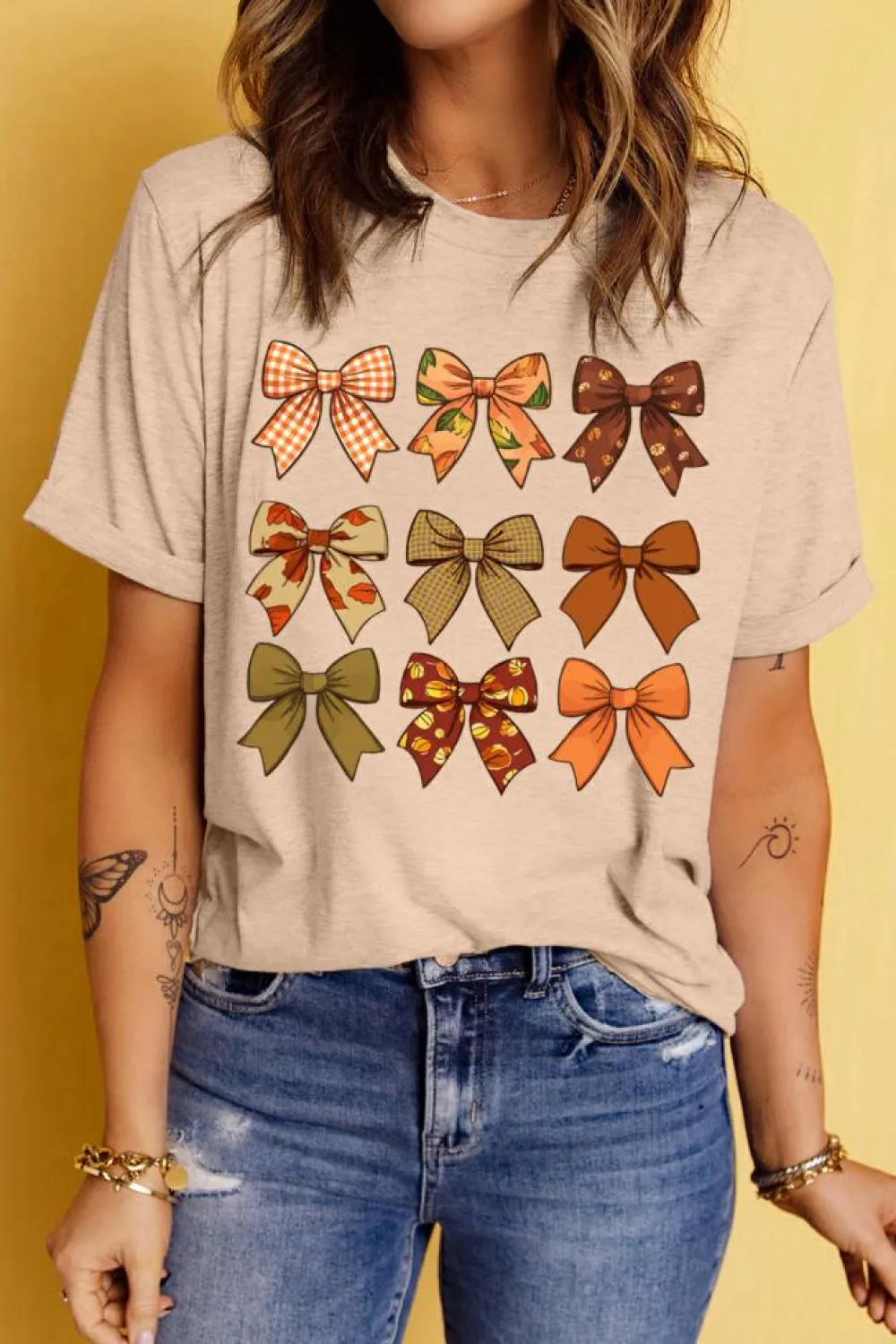 Outlet Dear-Lover Halloween Fall Bowknot Graphic Short Sleeve Top Khaki