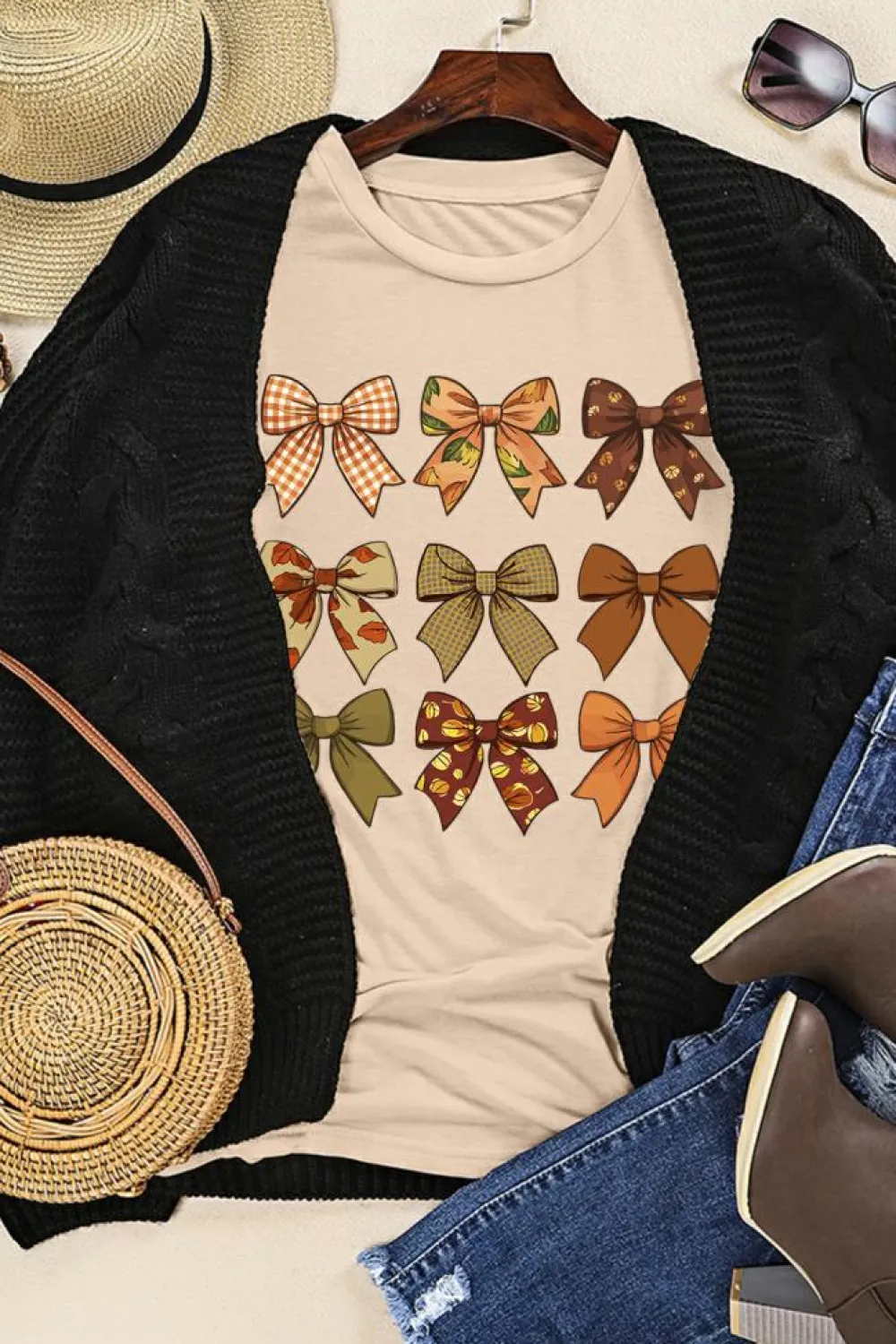 Outlet Dear-Lover Halloween Fall Bowknot Graphic Short Sleeve Top Khaki