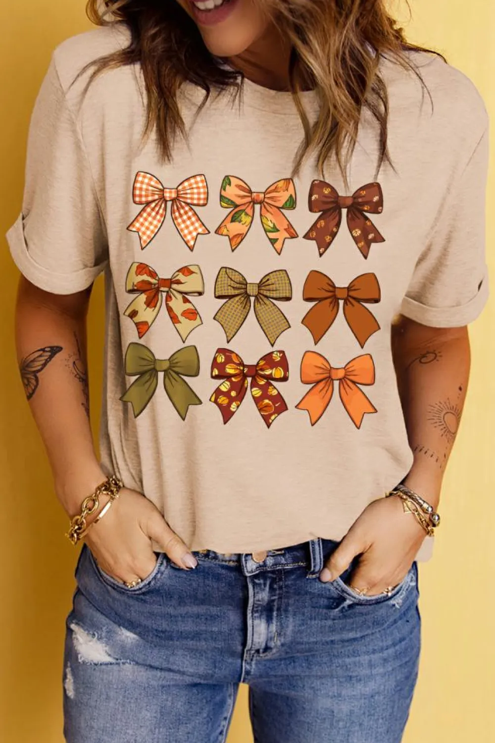 Outlet Dear-Lover Halloween Fall Bowknot Graphic Short Sleeve Top Khaki
