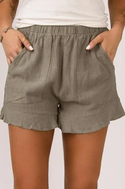 Best Dear-Lover High Waist Pocketed Ruffle Shorts Khaki