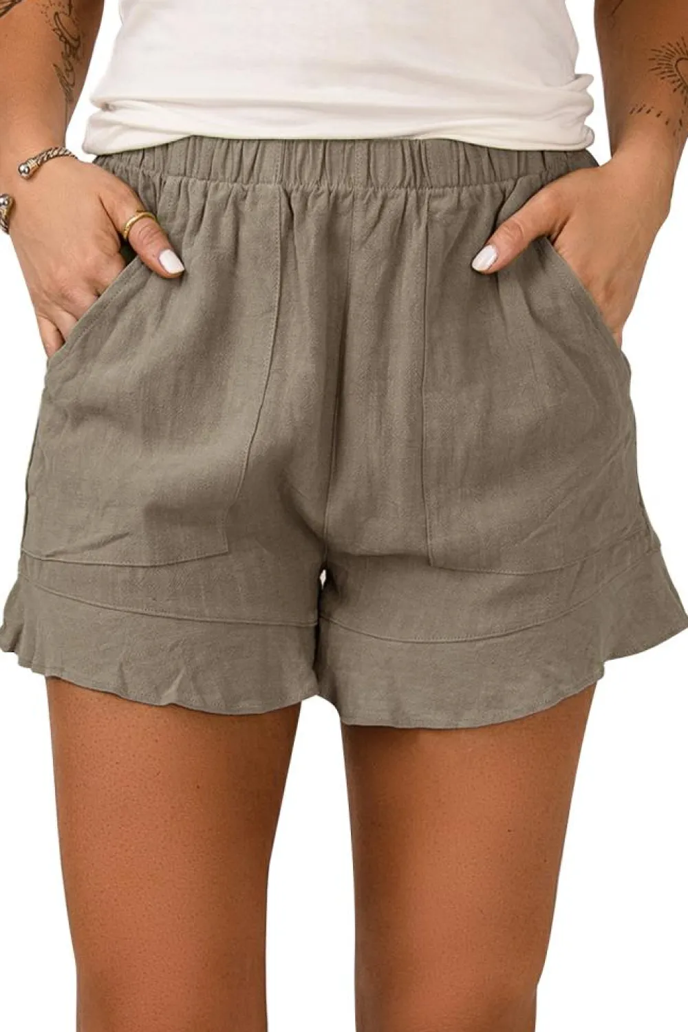 Best Dear-Lover High Waist Pocketed Ruffle Shorts Khaki