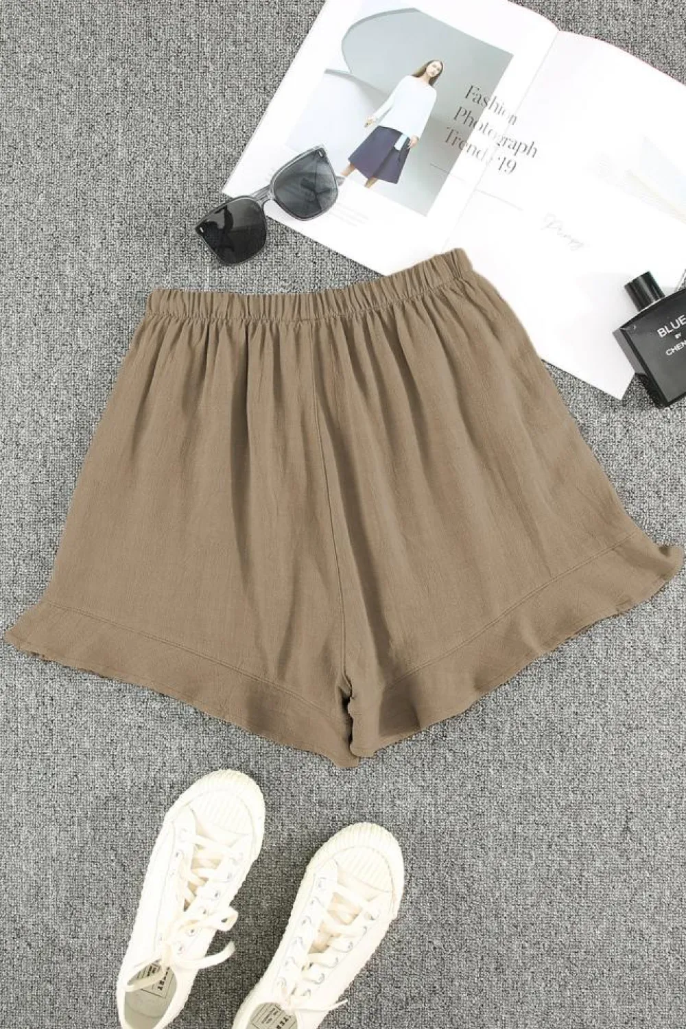 Best Dear-Lover High Waist Pocketed Ruffle Shorts Khaki