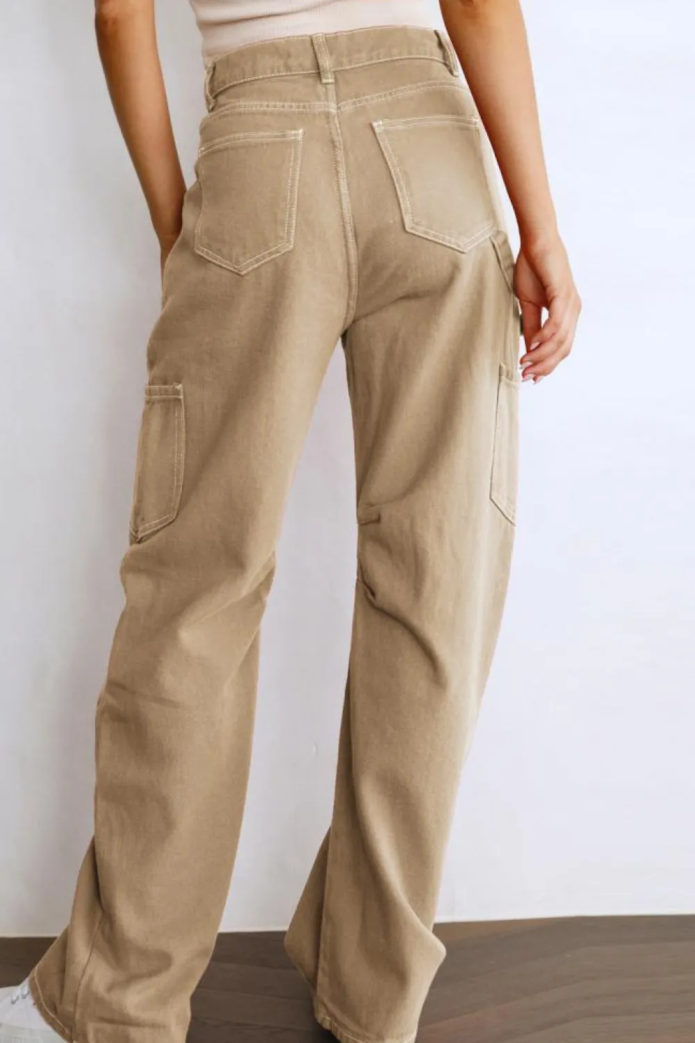 Outlet Dear-Lover High Waist Straight Leg Cargo Pants with Pockets Khaki