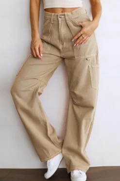 Outlet Dear-Lover High Waist Straight Leg Cargo Pants with Pockets Khaki