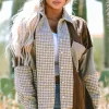 Sale Dear-Lover Houndstooth Color Contrast Textured Patchwork Loose Shacket Khaki