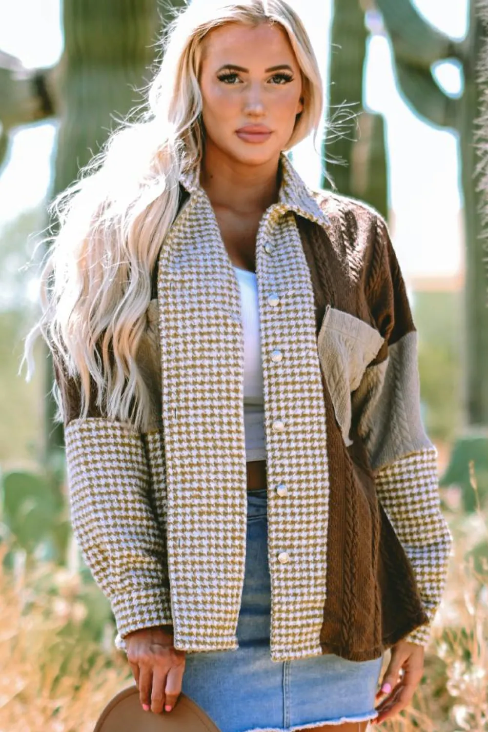 Sale Dear-Lover Houndstooth Color Contrast Textured Patchwork Loose Shacket Khaki