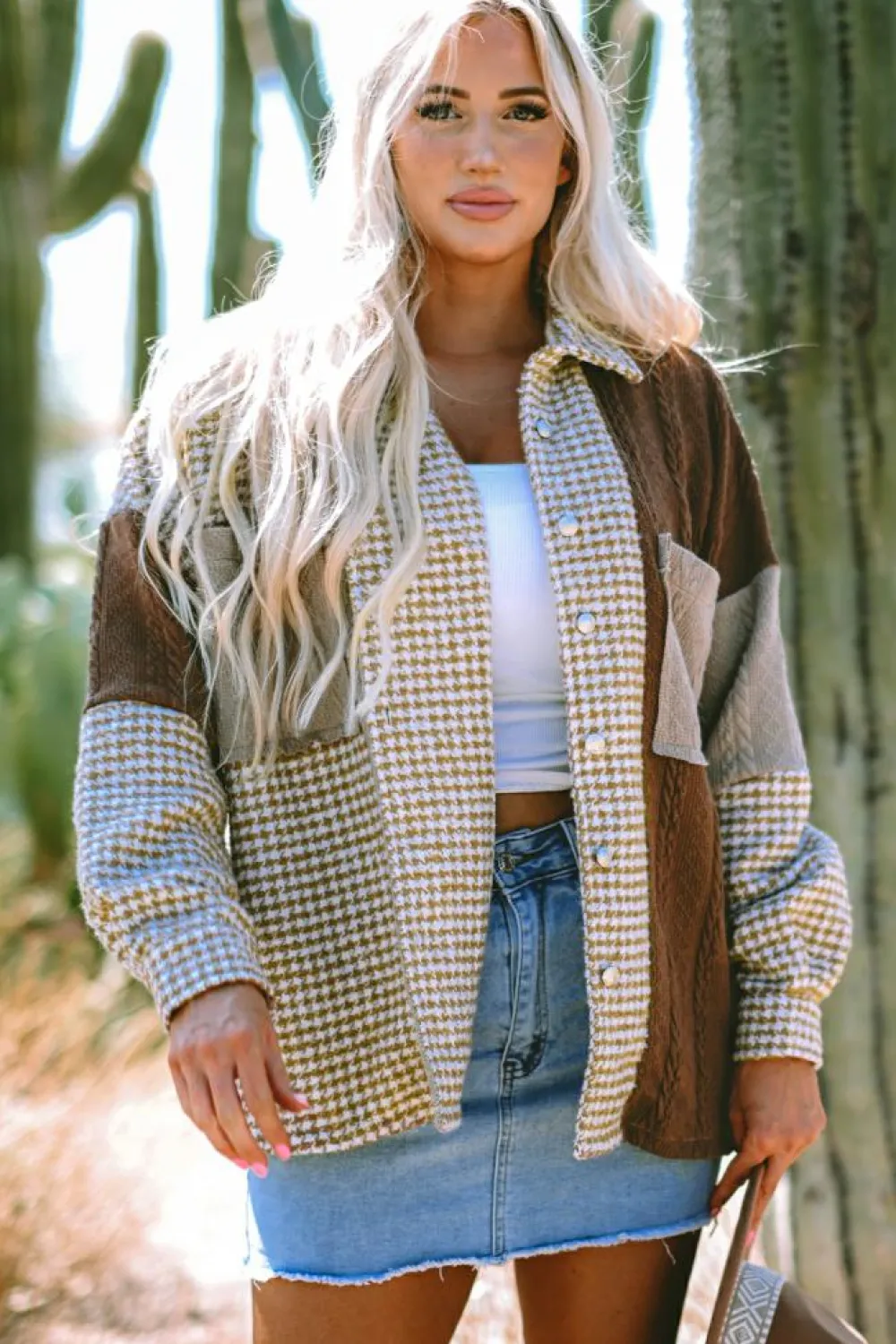 Sale Dear-Lover Houndstooth Color Contrast Textured Patchwork Loose Shacket Khaki