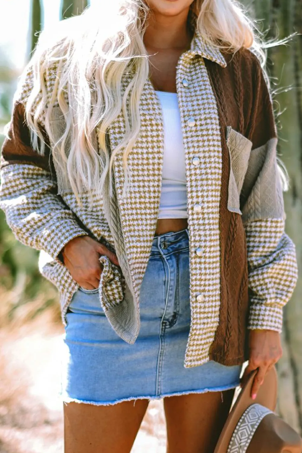 Sale Dear-Lover Houndstooth Color Contrast Textured Patchwork Loose Shacket Khaki
