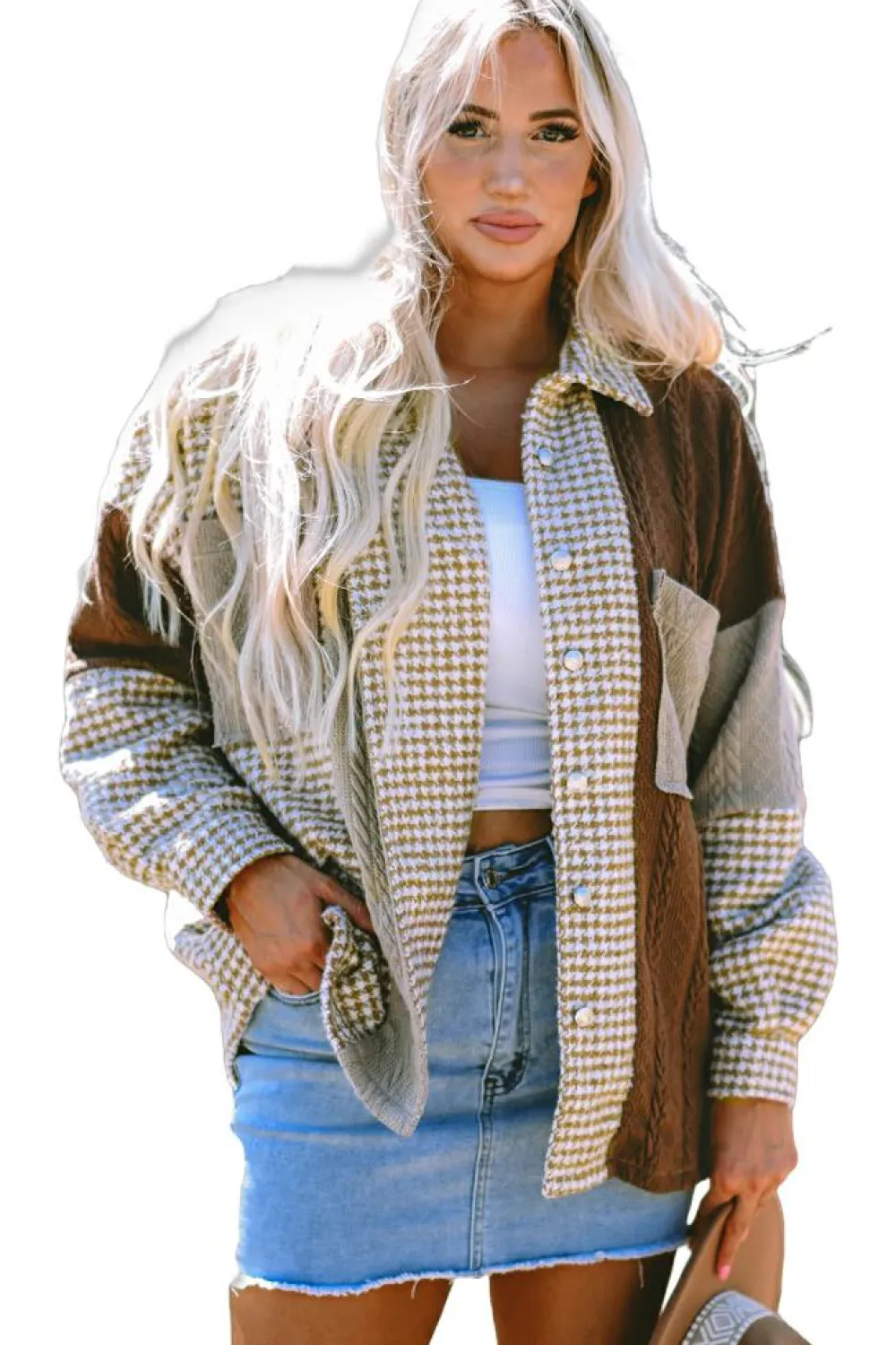 Sale Dear-Lover Houndstooth Color Contrast Textured Patchwork Loose Shacket Khaki