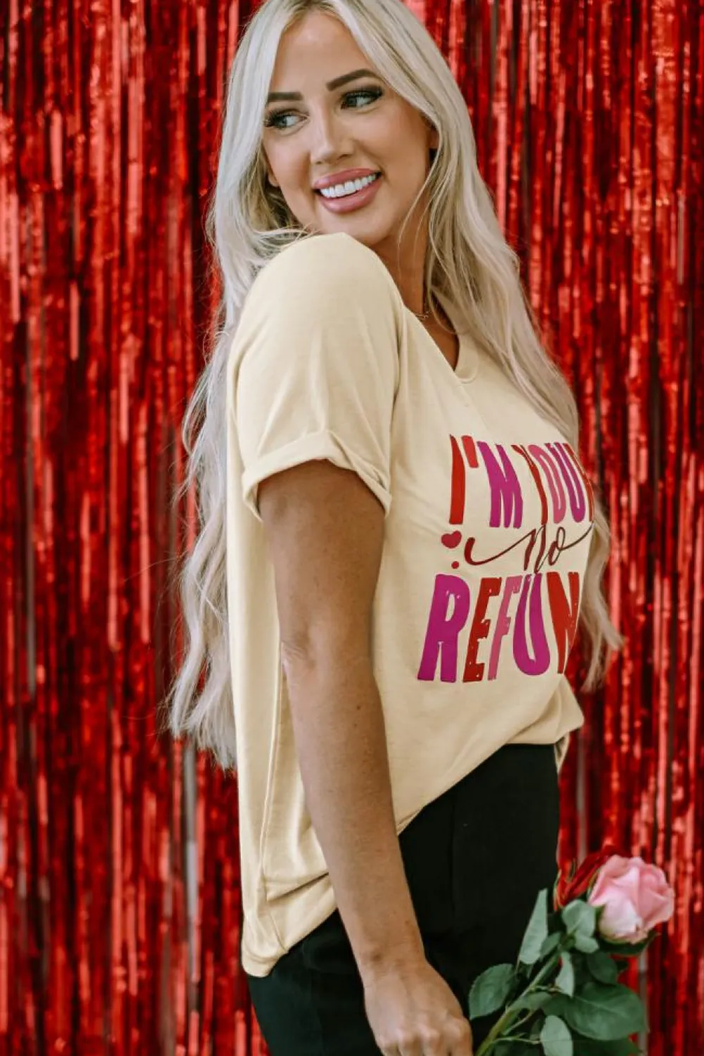 Clearance Dear-Lover I'm Yours No Refunds Crew Neck Graphic Tee Khaki