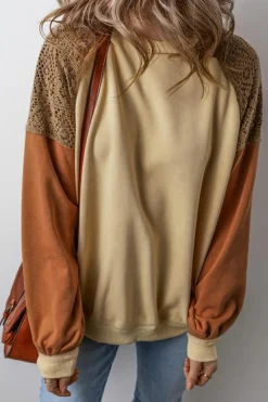 Discount Dear-Lover Lace Patchwork Colorblock Drop Shoulder Sweatshirt Khaki