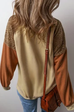 Discount Dear-Lover Lace Patchwork Colorblock Drop Shoulder Sweatshirt Khaki