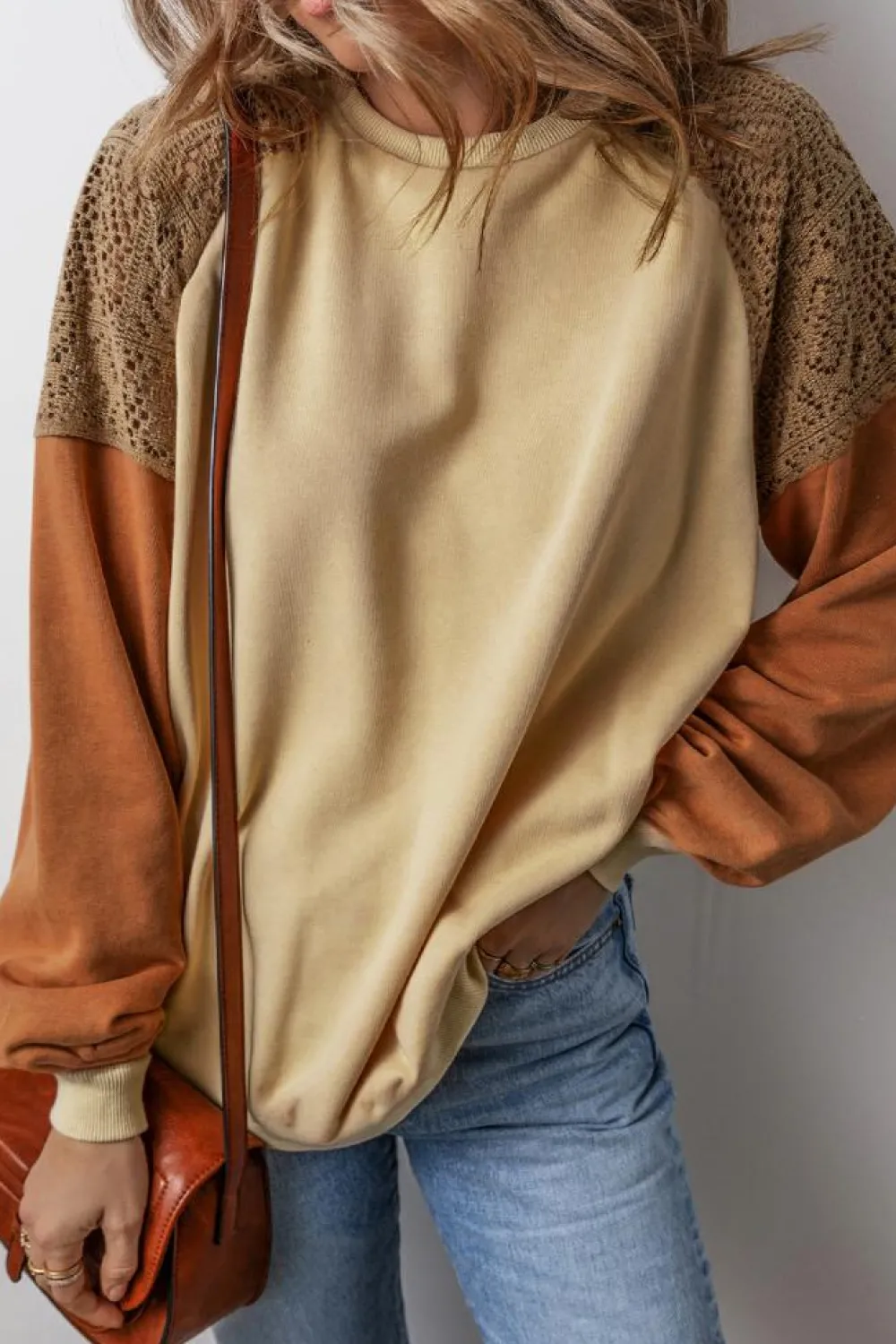 Discount Dear-Lover Lace Patchwork Colorblock Drop Shoulder Sweatshirt Khaki
