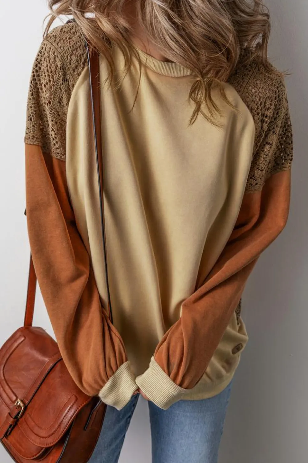 Discount Dear-Lover Lace Patchwork Colorblock Drop Shoulder Sweatshirt Khaki