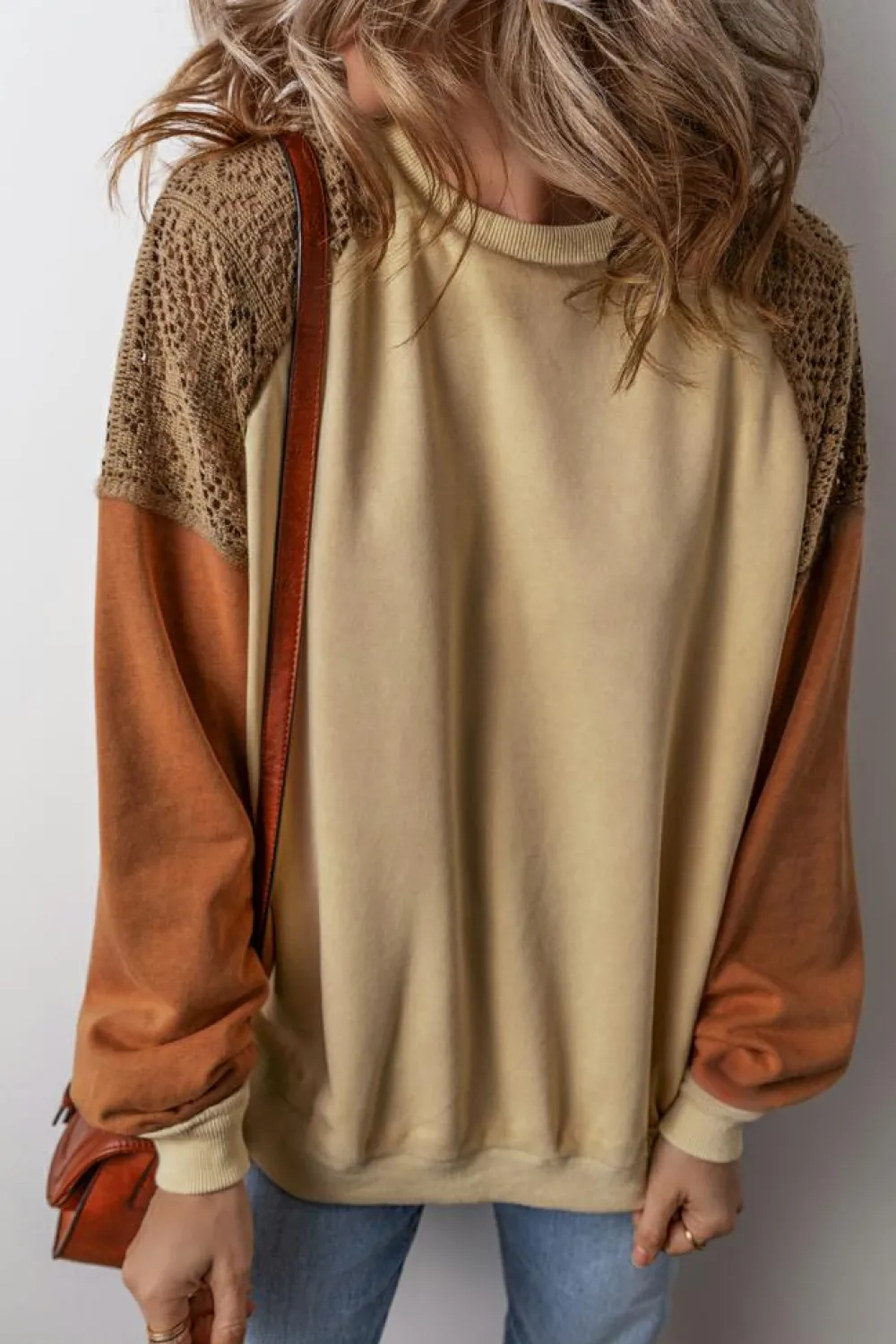 Discount Dear-Lover Lace Patchwork Colorblock Drop Shoulder Sweatshirt Khaki