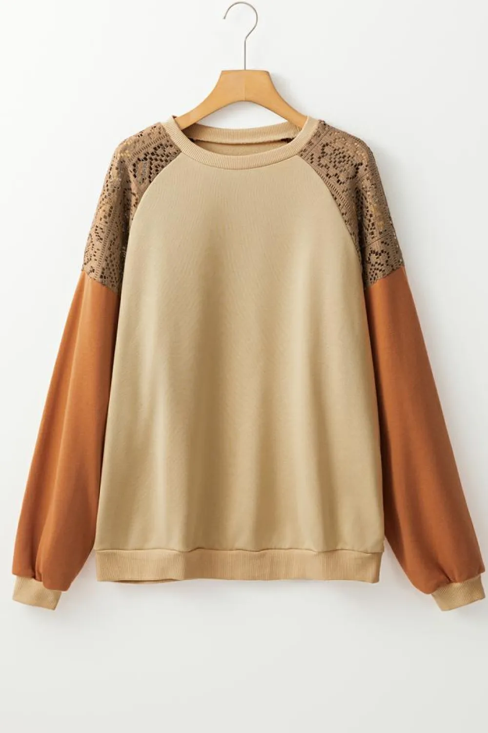 Discount Dear-Lover Lace Patchwork Colorblock Drop Shoulder Sweatshirt Khaki