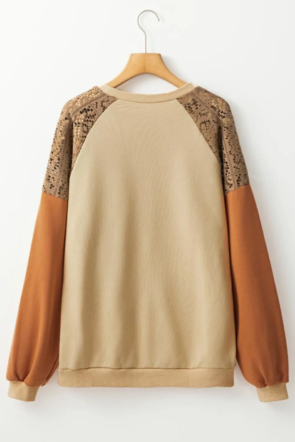 Discount Dear-Lover Lace Patchwork Colorblock Drop Shoulder Sweatshirt Khaki