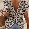 Clearance Dear-Lover Leopard Batwing Sleeve Twist Cutout Back T-Shirt Khaki