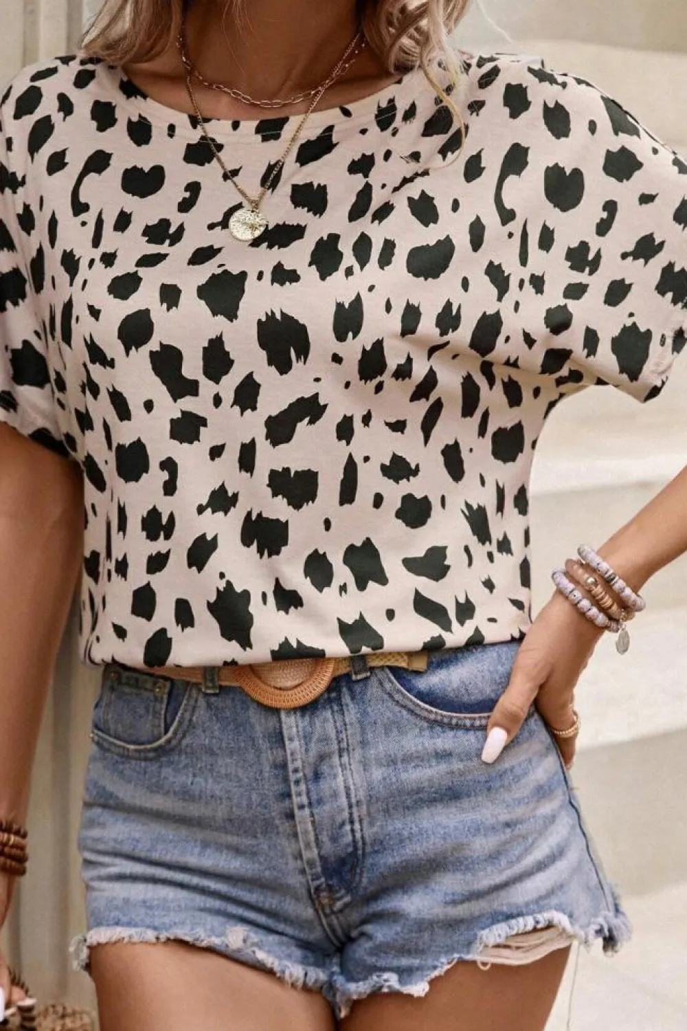 Clearance Dear-Lover Leopard Batwing Sleeve Twist Cutout Back T-Shirt Khaki