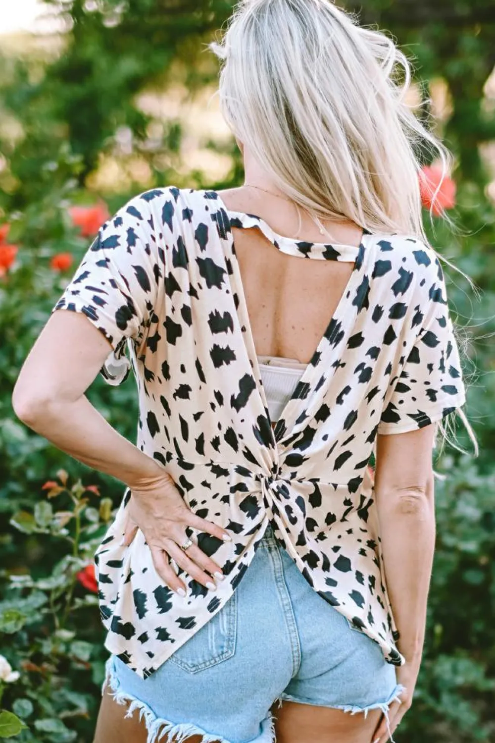 Clearance Dear-Lover Leopard Batwing Sleeve Twist Cutout Back T-Shirt Khaki