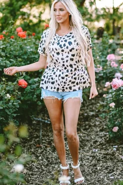 Clearance Dear-Lover Leopard Batwing Sleeve Twist Cutout Back T-Shirt Khaki