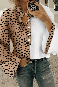 Outlet Dear-Lover Leopard Contrast Half Button Casual Blouse Khaki