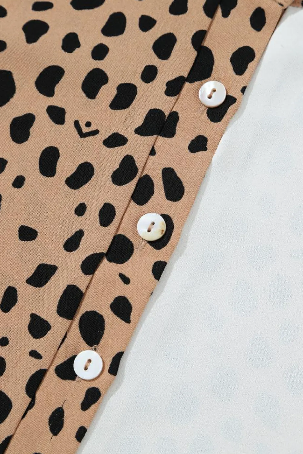 Outlet Dear-Lover Leopard Contrast Half Button Casual Blouse Khaki