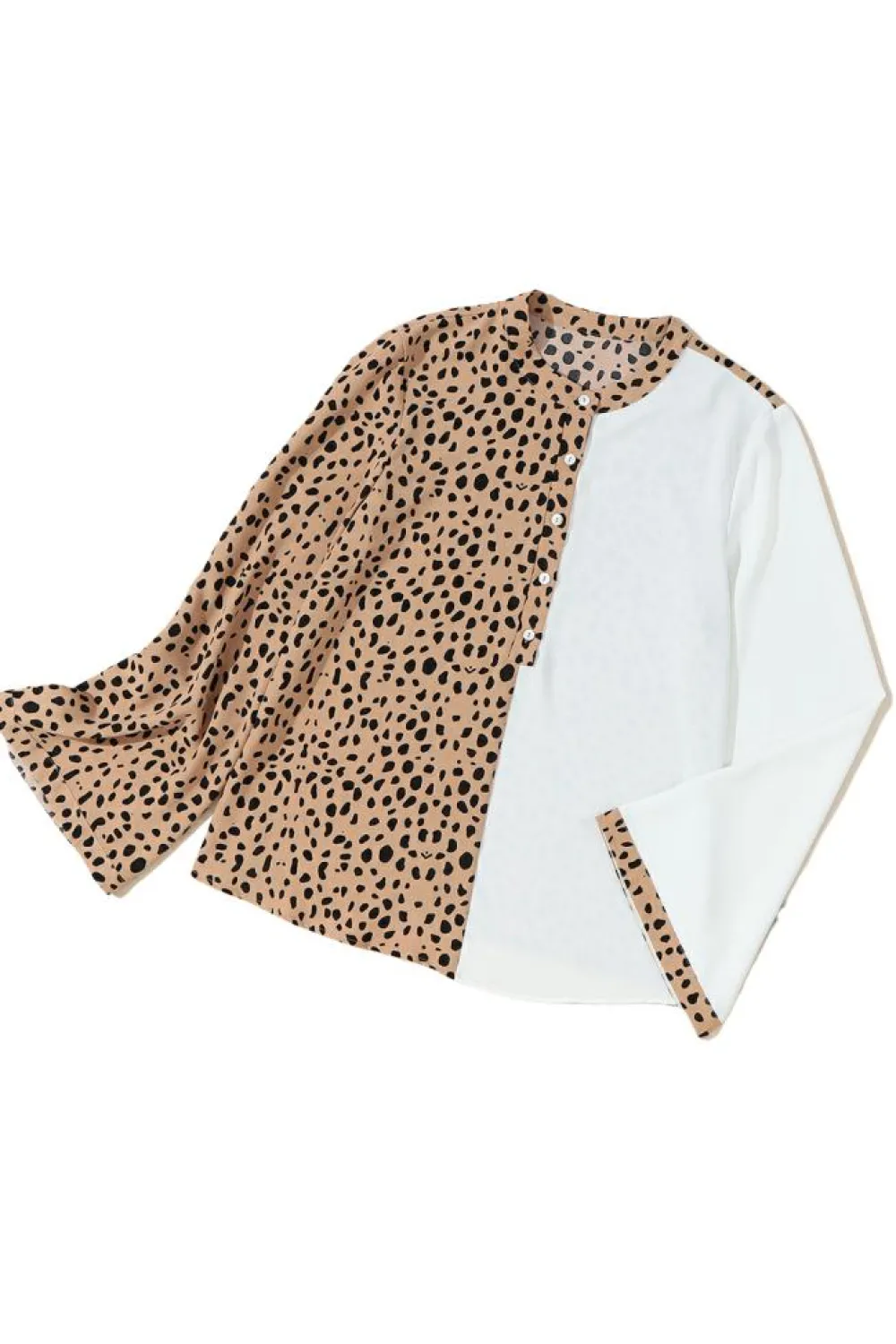 Outlet Dear-Lover Leopard Contrast Half Button Casual Blouse Khaki
