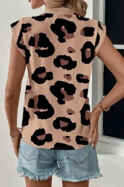 Fashion Dear-Lover Leopard Crew Neck Cap Sleeve Casual Tee Khaki