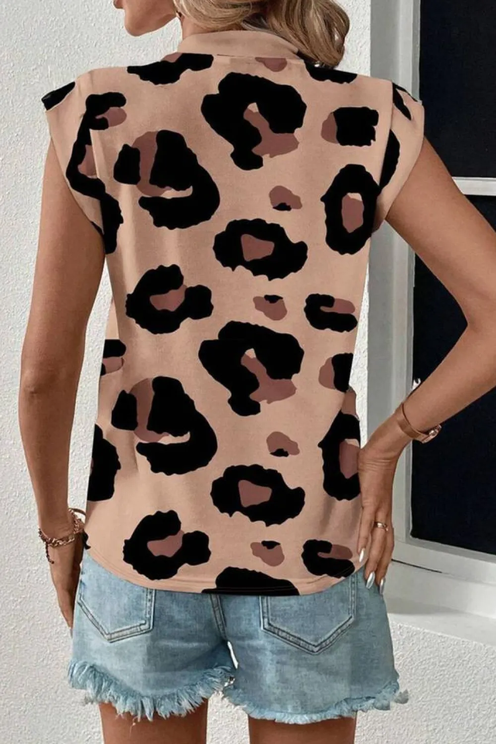 Fashion Dear-Lover Leopard Crew Neck Cap Sleeve Casual Tee Khaki