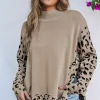 New Dear-Lover Leopard High Neck Side Slit Oversized Sweater Khaki