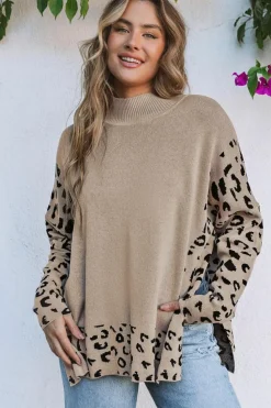New Dear-Lover Leopard High Neck Side Slit Oversized Sweater Khaki